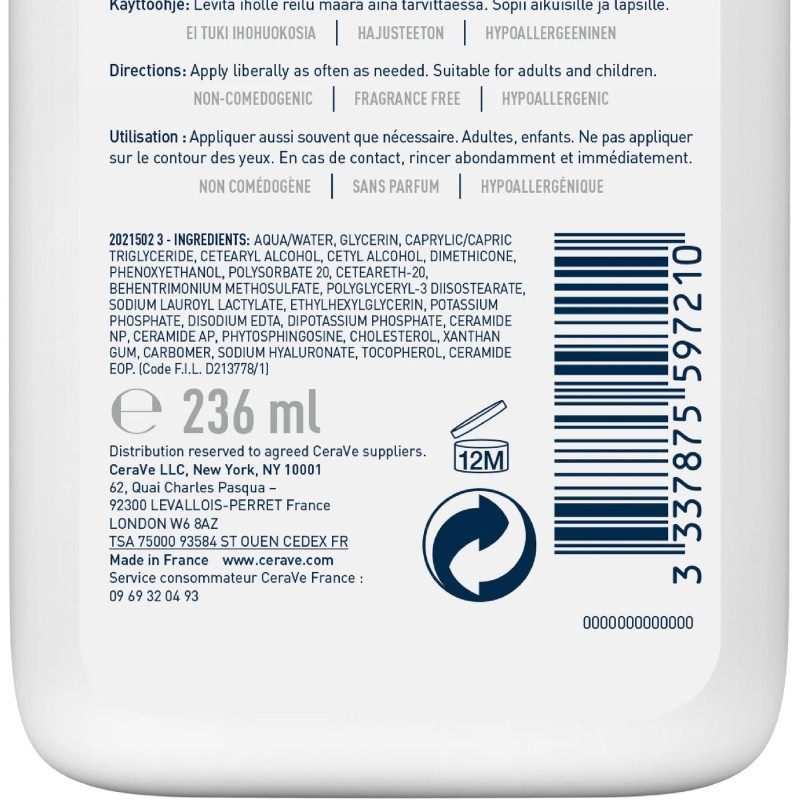 CeraVe Lait Hydratant Léger 236ml Peau Sèche à Très Sèche