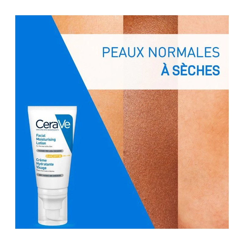 CeraVe Crème Hydratante Visage SPF50 - Peaux Normales à Sèches