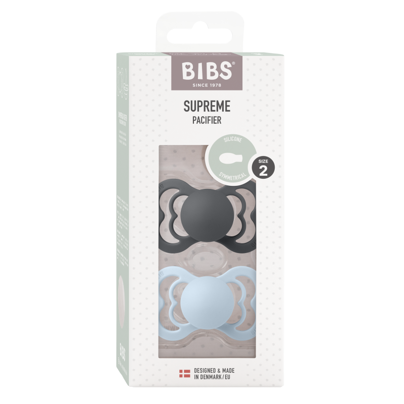 2 Sucettes BIBS Suprème Symétrique Iron / Baby Blue