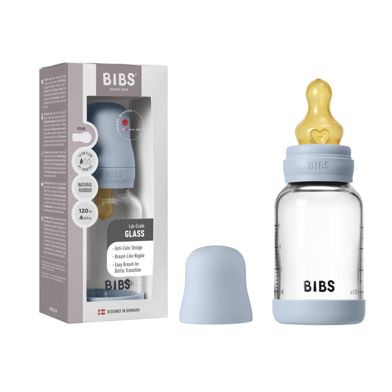 BIBS Biberon en verre 120 ml  Latex - Baby Blue
